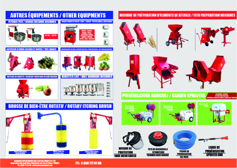 Rotary Itching Brushes - Churning Machines - Walk Behind Sprayers - Juice and paste Machines - Dough Kneaders - Boom Sprayers - Nut Dehusking